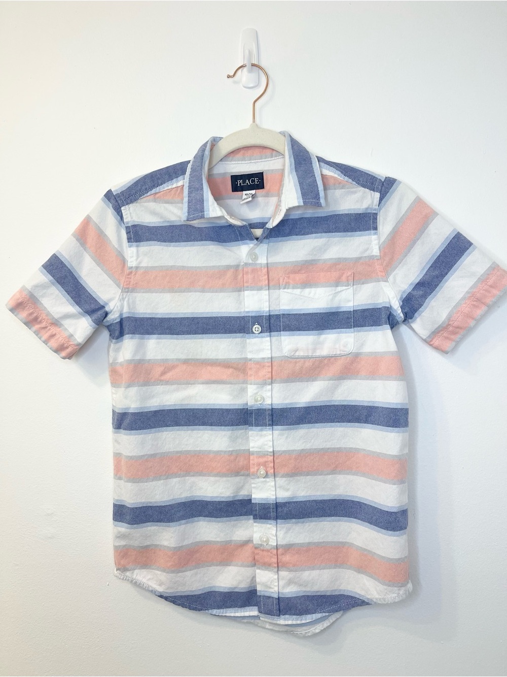 Place Short-Sleeve Button-Down Shirt in Blue, Peach & White Size 10/12 EUC
